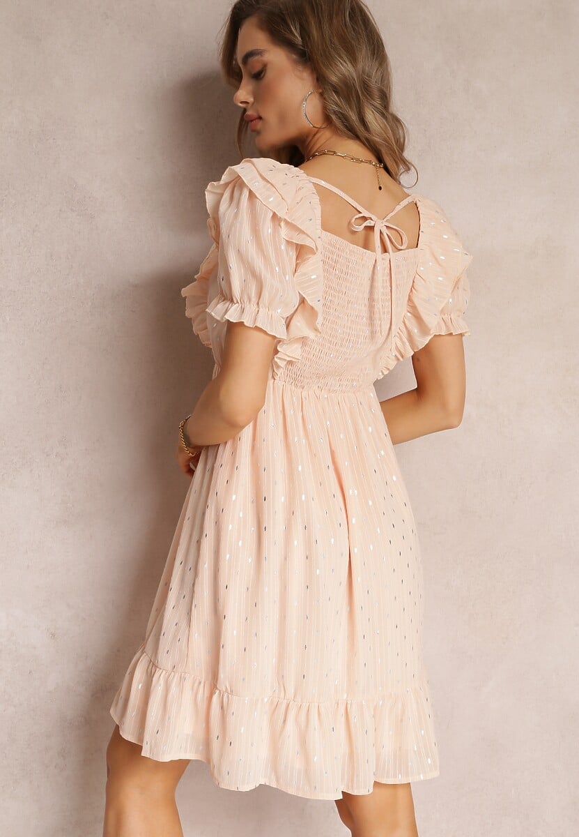 Beżowa Sukienka Mini z Gumką w Talii i Wiązaniem na Plecach Olitisa