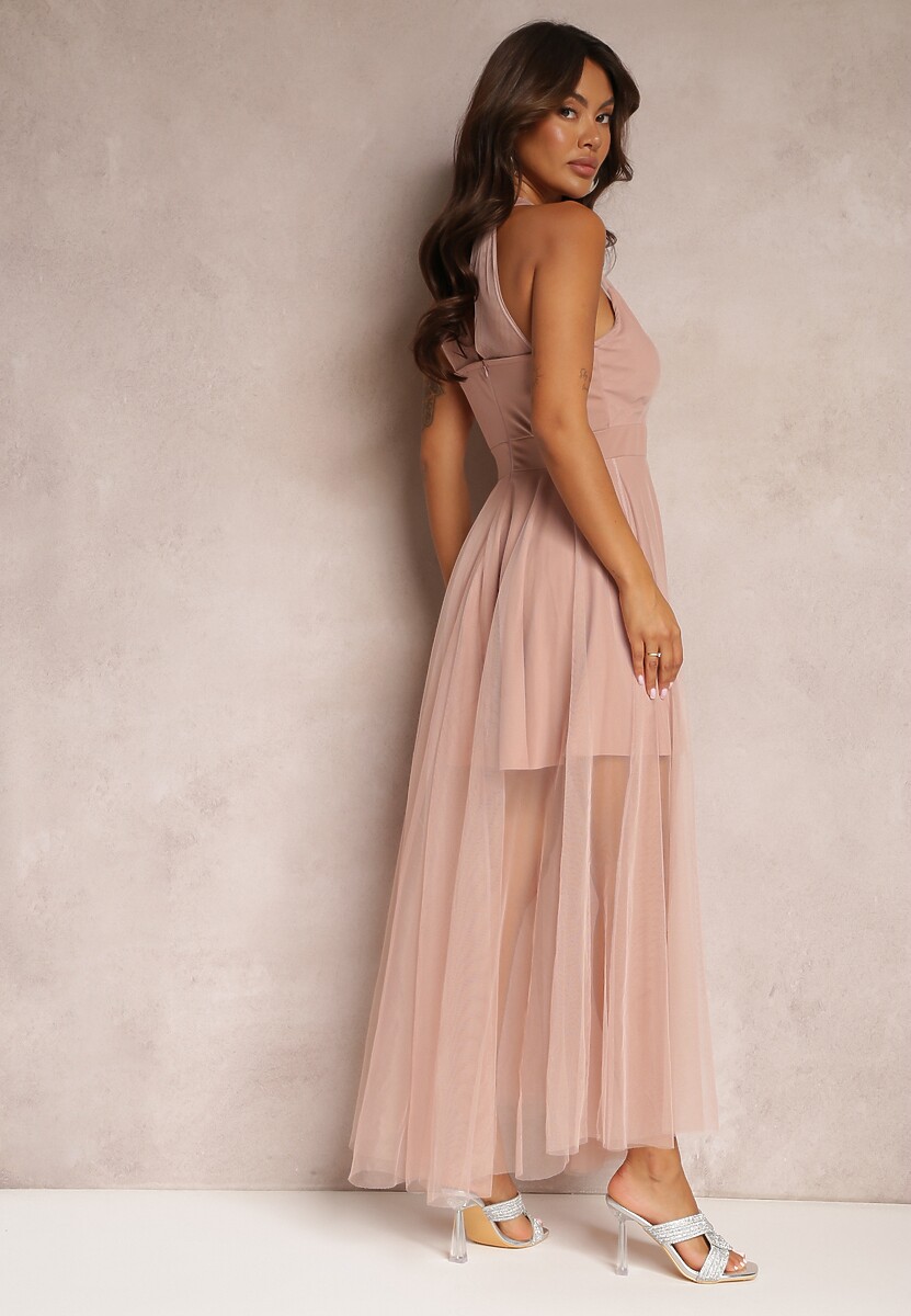 Różowa Maxi Sukienka o Rozkloszowanym Fasonie z Długim Tiulem i Ozdobnymi Cyrkoniami Amorah