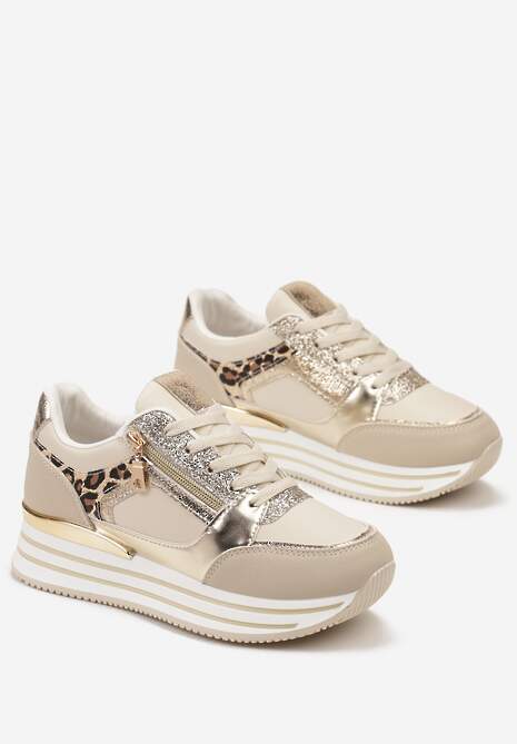 Beżowe Sneakersy z Metalicznymi Wstawkami i Brokatem na Grubej Podeszwie Anova