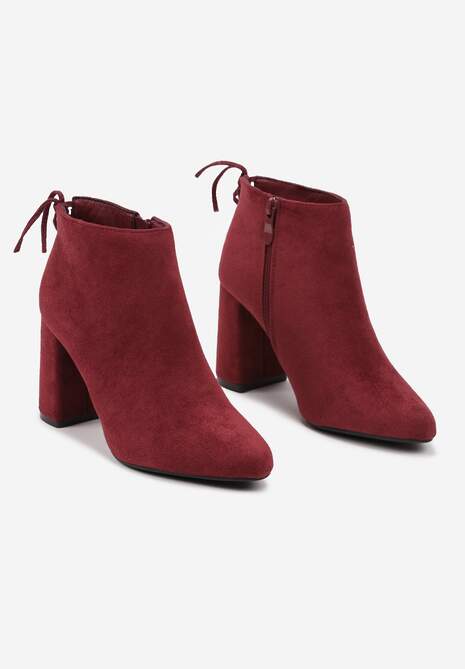 Bordowe Botki na Słupku Ozdobione z Tyłu Wiązaniem Ittelena