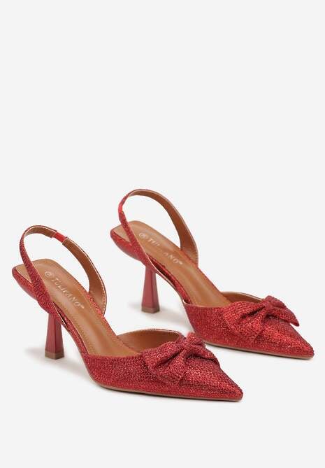 Czerwone Czółenka Wykończone Brokatem i Kokardą bez Pięty Deramla