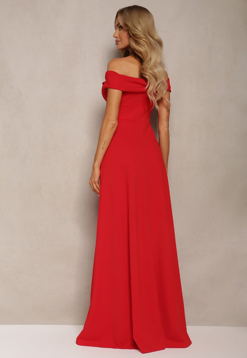 Czerwona Elegancka Długa Sukienka Hiszpanka Wykończona Rozcięciem na Dole Idelia