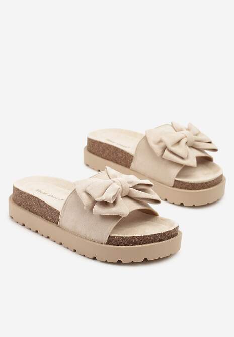 Beżowe Klapki z Ekozamszu z Ozdobną Kokardą Tenalia