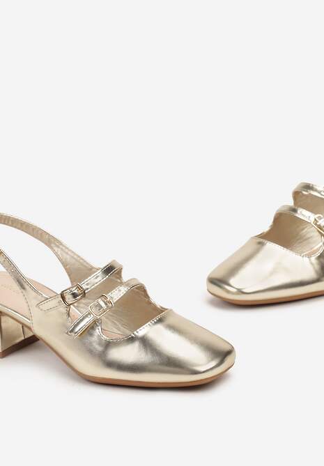 Złote Czółenka z Imitacji Skóry ze Sprzączkami na Niskim Słupku Anelive