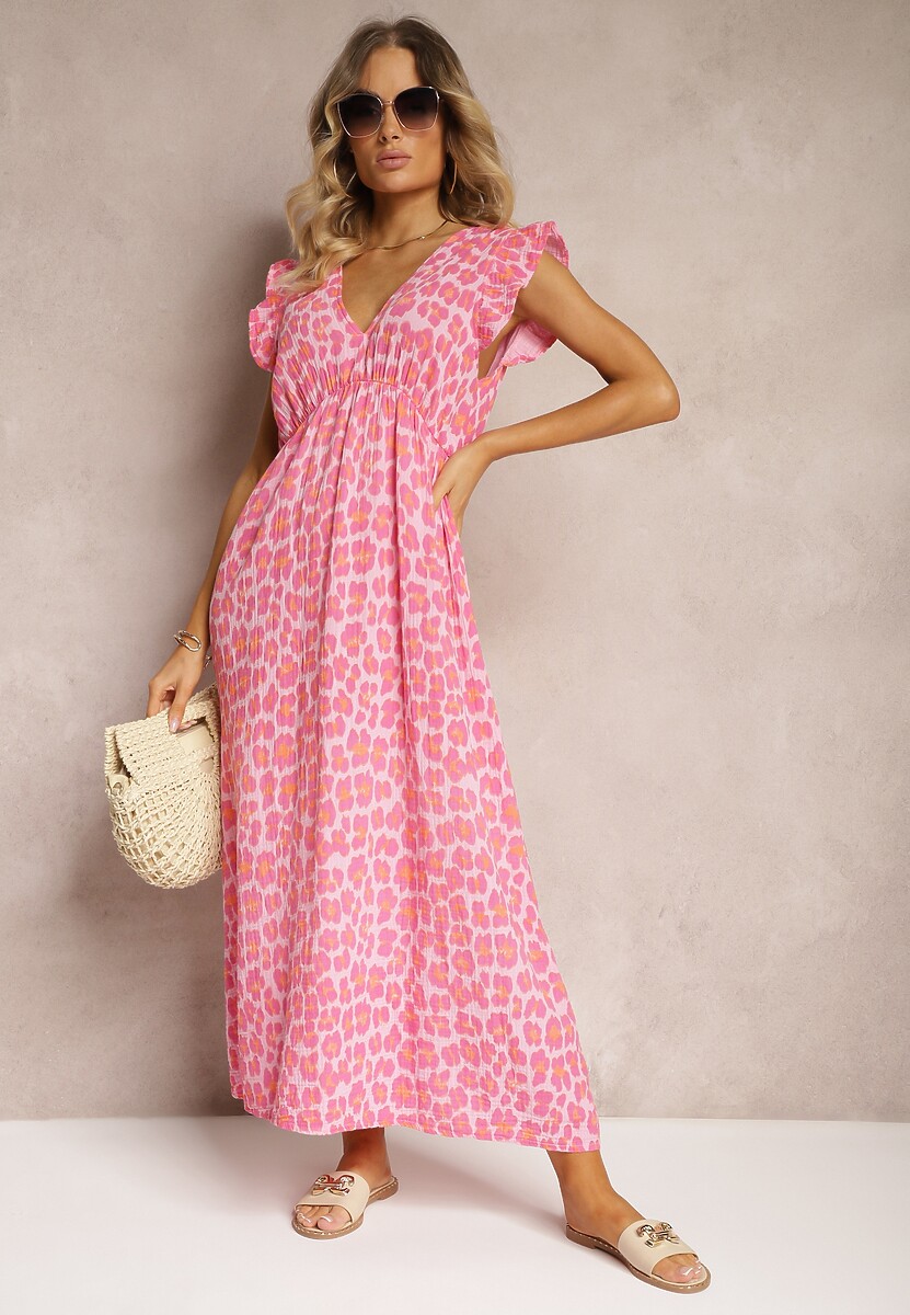 Różowa Sukienka Boho z Bawełny Ozdobiona Wiązaniem Carivia