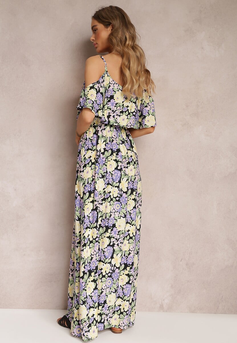 Fioletowo-Żółta Sukienka Maxi Bawełniana w Kwiaty z Falbanką Saranna