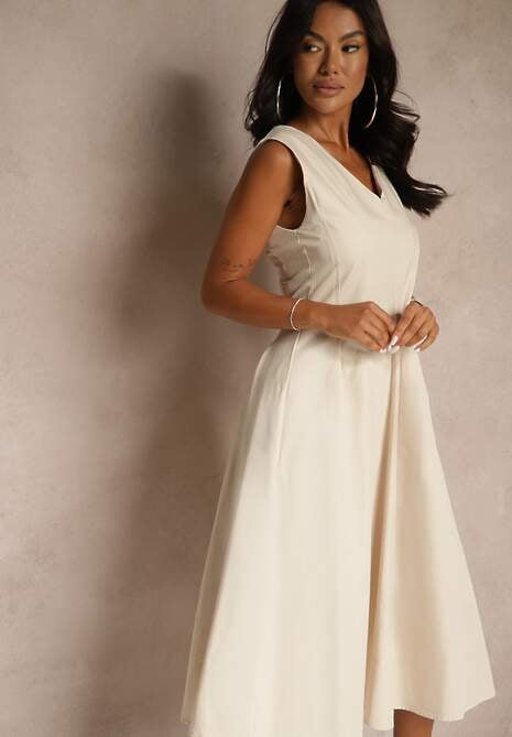 Beżowa Rozkloszowana Sukienka z Dekoltem w Kształcie Litery V Agilia