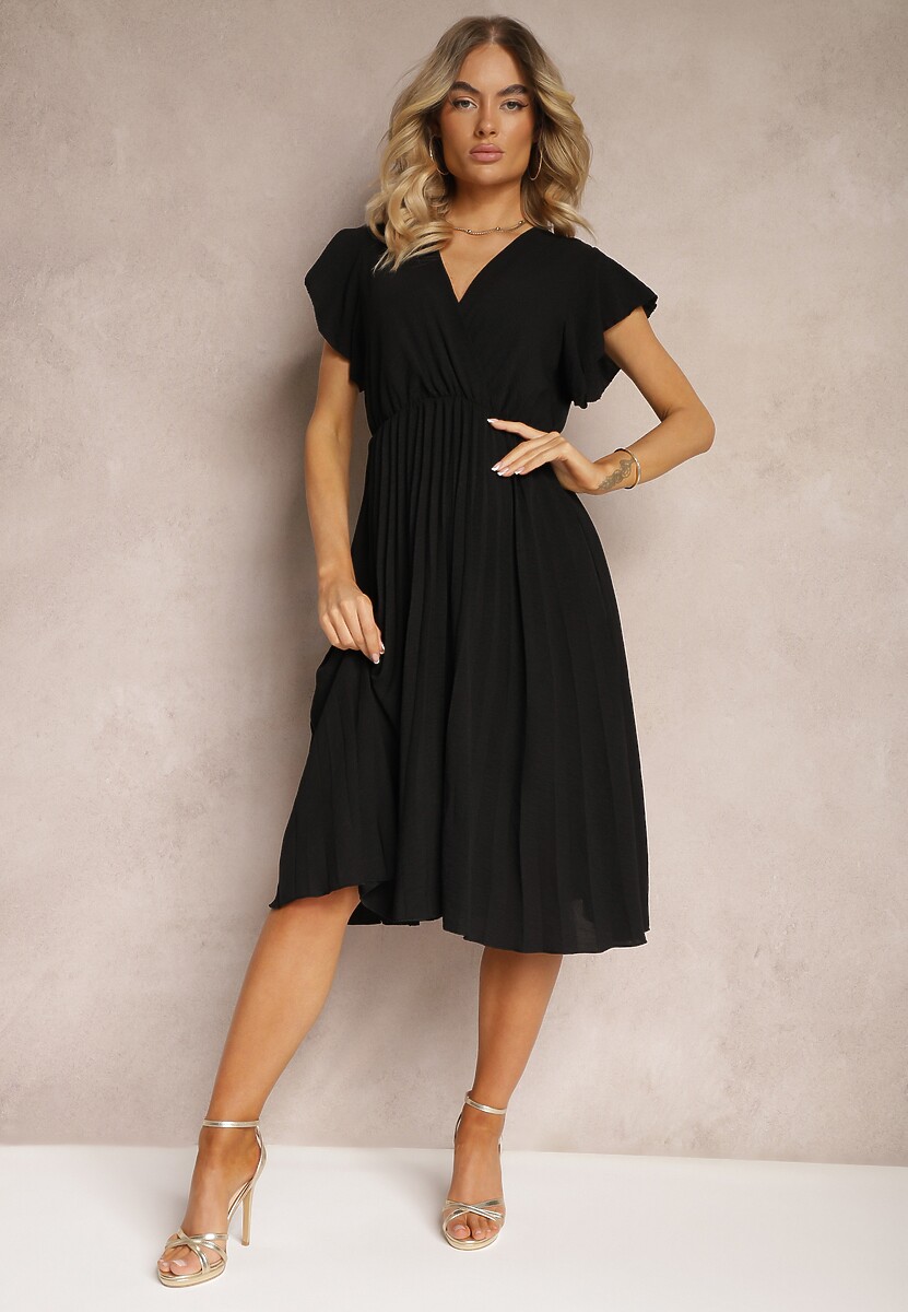 Jasnoniebieska Sukienka z Trójkątnym Dekoltem z Gumką w Pasie o Plisowanym Kroju Doetta