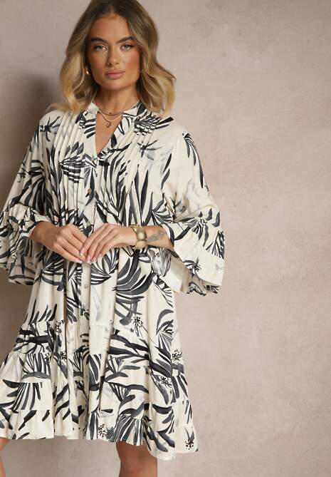 Ciemnoszara Rozkloszowana Sukienka z Wiskozy z Falbanami z Motywem Roślinnym Ridivaria