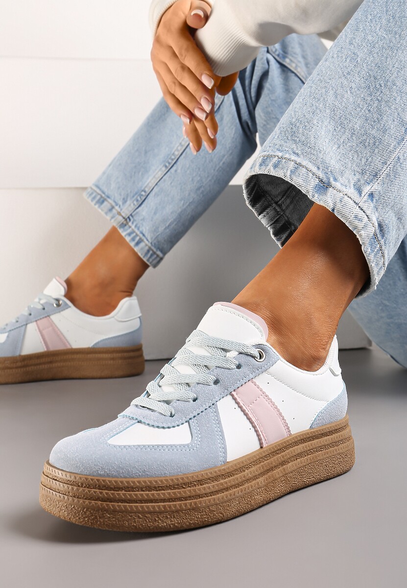 Niebiesko-Białe Sneakersy na Grubej Podeszwie z Ozdobnymi Przeszyciami Ysdole