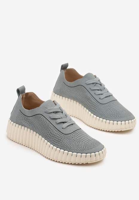 Niebieskie Sneakersy na Tłoczonej Platformie z Ażurową Cholewką Ronfira