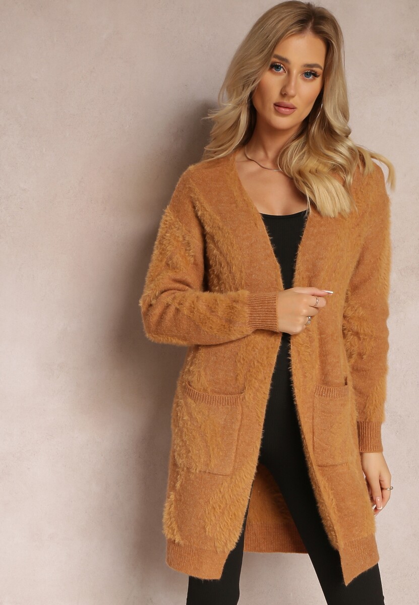 Ciemnobeżowy Luźny Kardigan Niezapinany z Dłuższym Włosiem Karsta