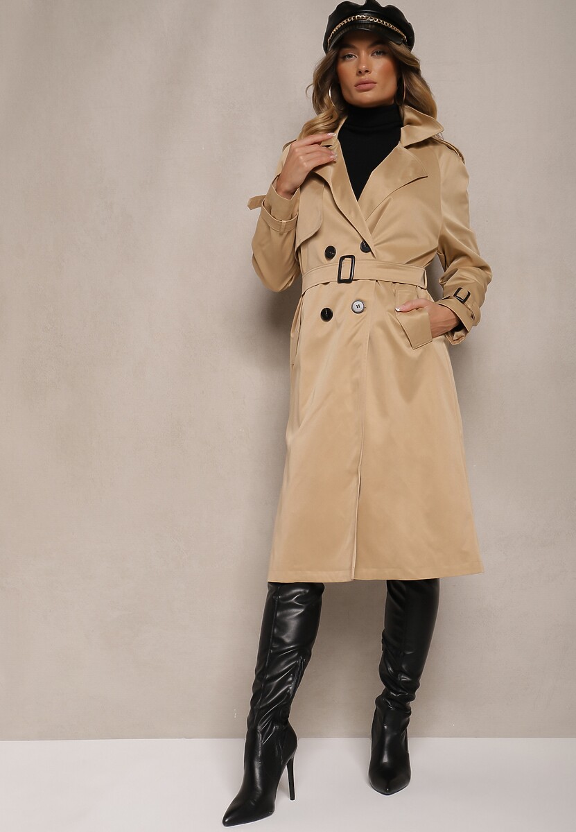 Beżowy Długi Płaszcz Trencz Dwurzędowy z Paskiem w Komplecie Sabila