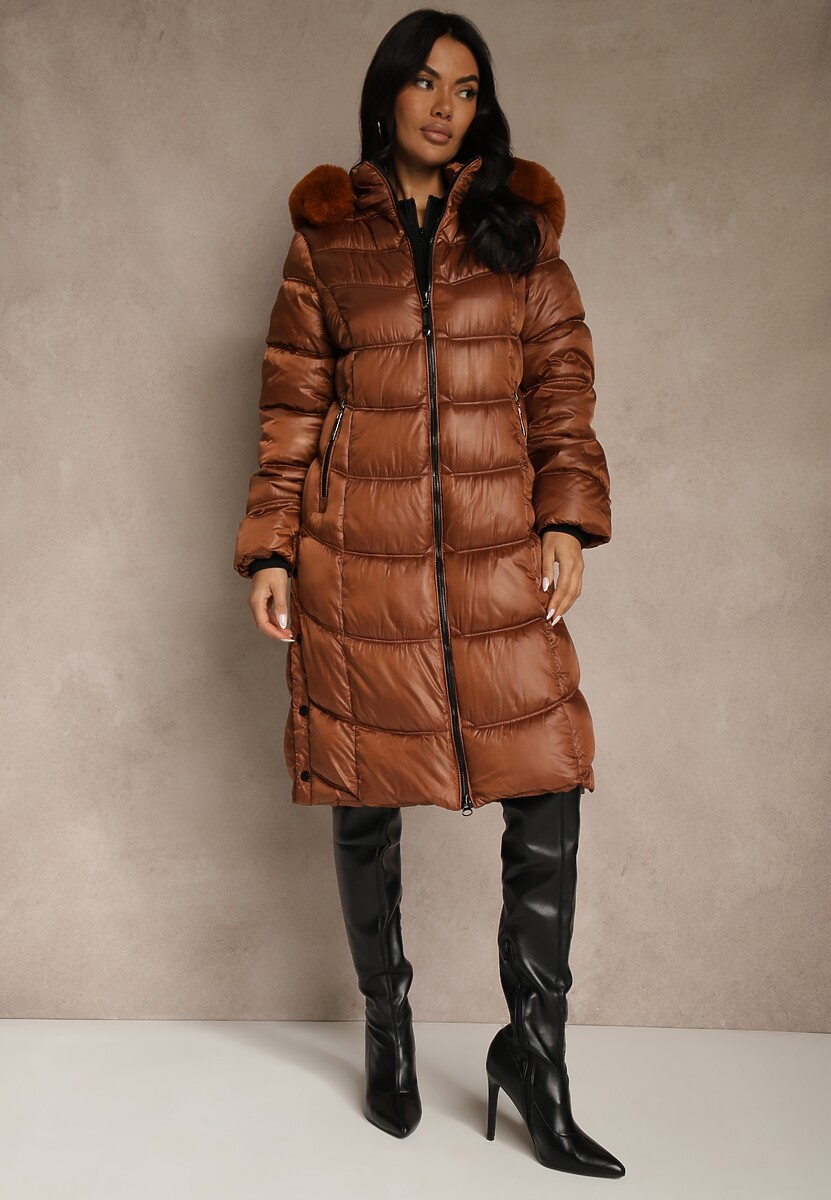 Beżowa Kurtka Płaszcz za Kolano z Pikowaniem i Odpinanym Kapturem Calarin