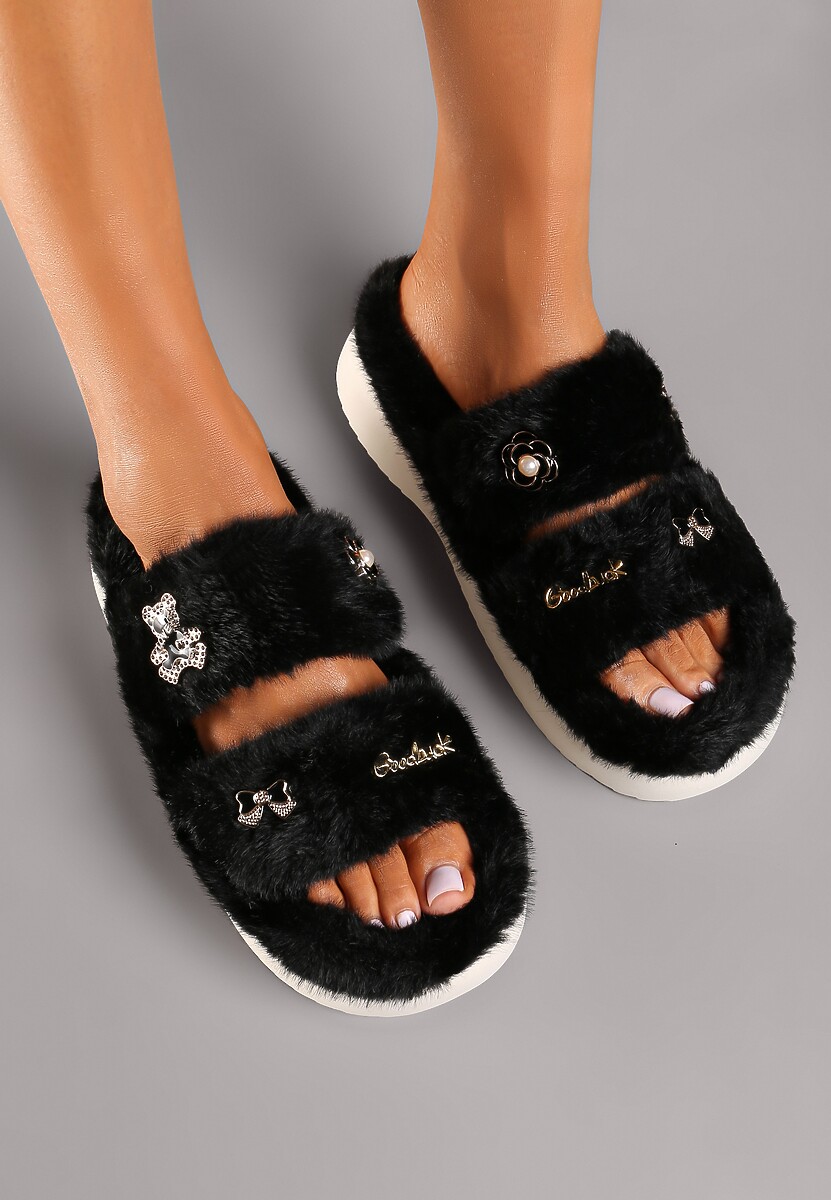Czarne Kapcie z Futerkiem na Grubej Podeszwie Ozdobione Aplikacjami 3D Riamaya
