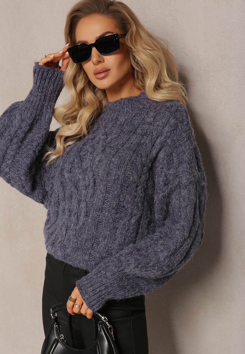 Granatowy Luźny Golf w Ozdobny Splot Atterta