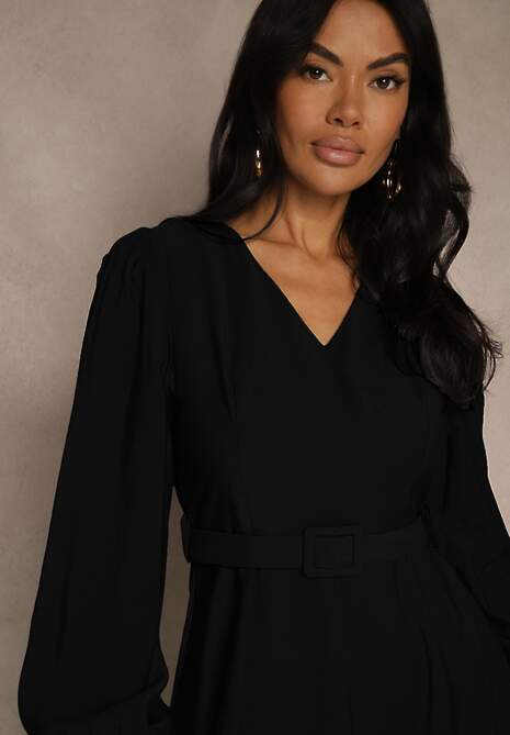 Czarna Rozkloszowana Sukienka z Wiskozy z Paskiem ze Sprzączką Orille