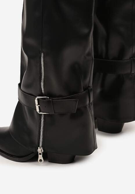 Czarne Kozaki na Stożku z Cholewką Imitującą Nogawkę z Klamrami i Suwakiem Erseria