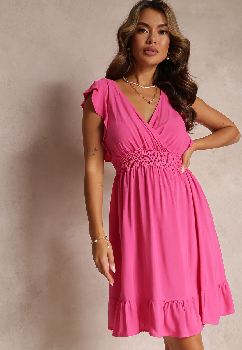 Zielona Mini Sukienka z Wiskozy o Rozkloszowanym Fasonie i Kopertowym Dekolcie Lolsa