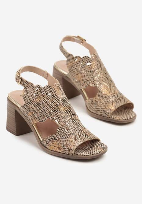 Złote Ażurowe Sandały na Słupku ze Skórzaną Wkładką Lianisse