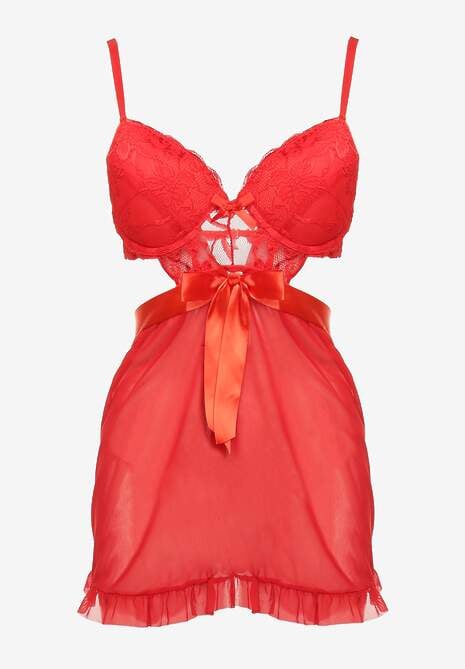 Czerwona Siateczkowa Koszula Nocna z Biustonoszem Push Up i Stringami Ariaqua