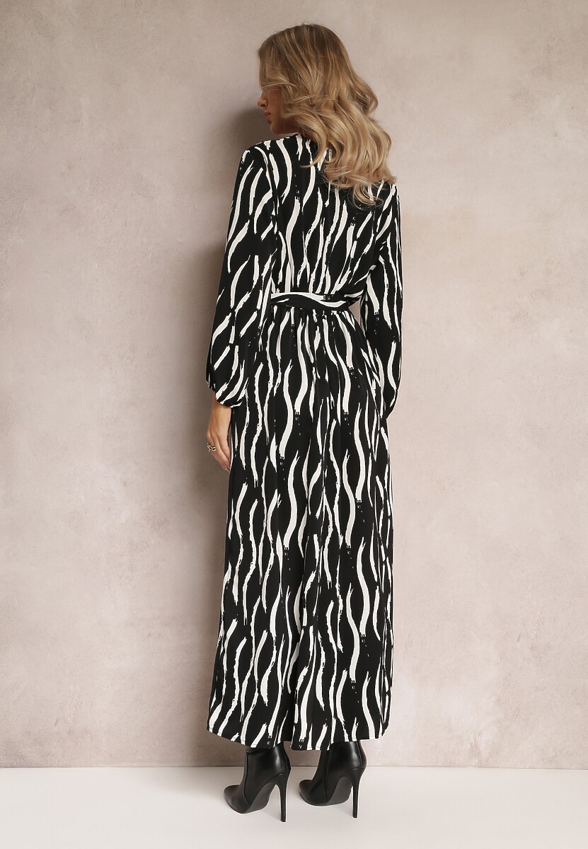 Czarno-Biała Maxi Sukienka z Gumką i Paskiem w Talii oraz Kopertowym Dekoltem Doiren