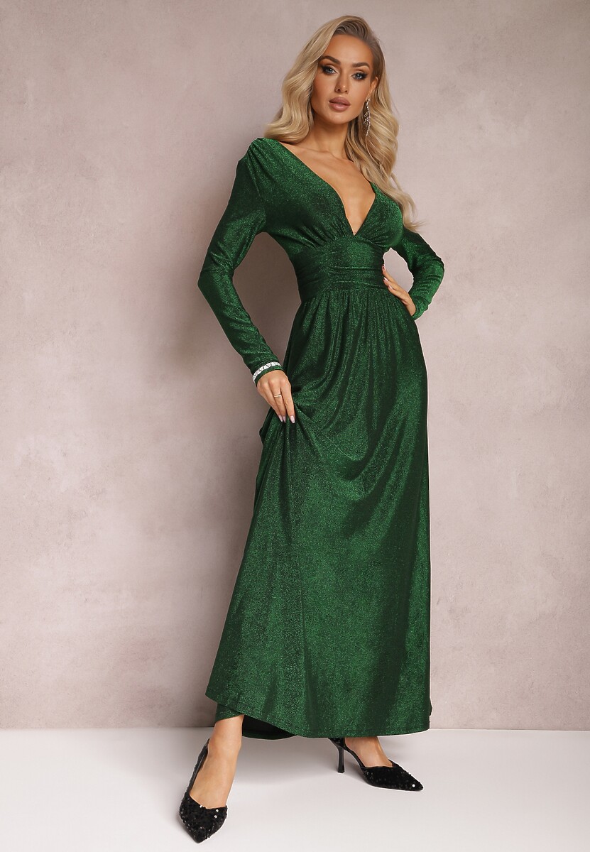 Zielona Rozkloszowana Sukienka Maxi z Błyszczącego Materiału z Drapowaniem w Talii Kizzetta