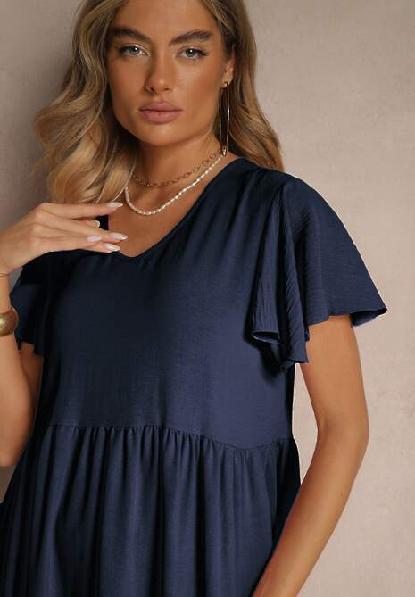 Granatowa Rozkloszowana Sukienka z Wiskozą w Casualowym Stylu Filarenna