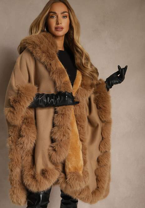 Brązowe Ponczo z Wełną i Wiskozą Obszyte Futerkiem Tevissa