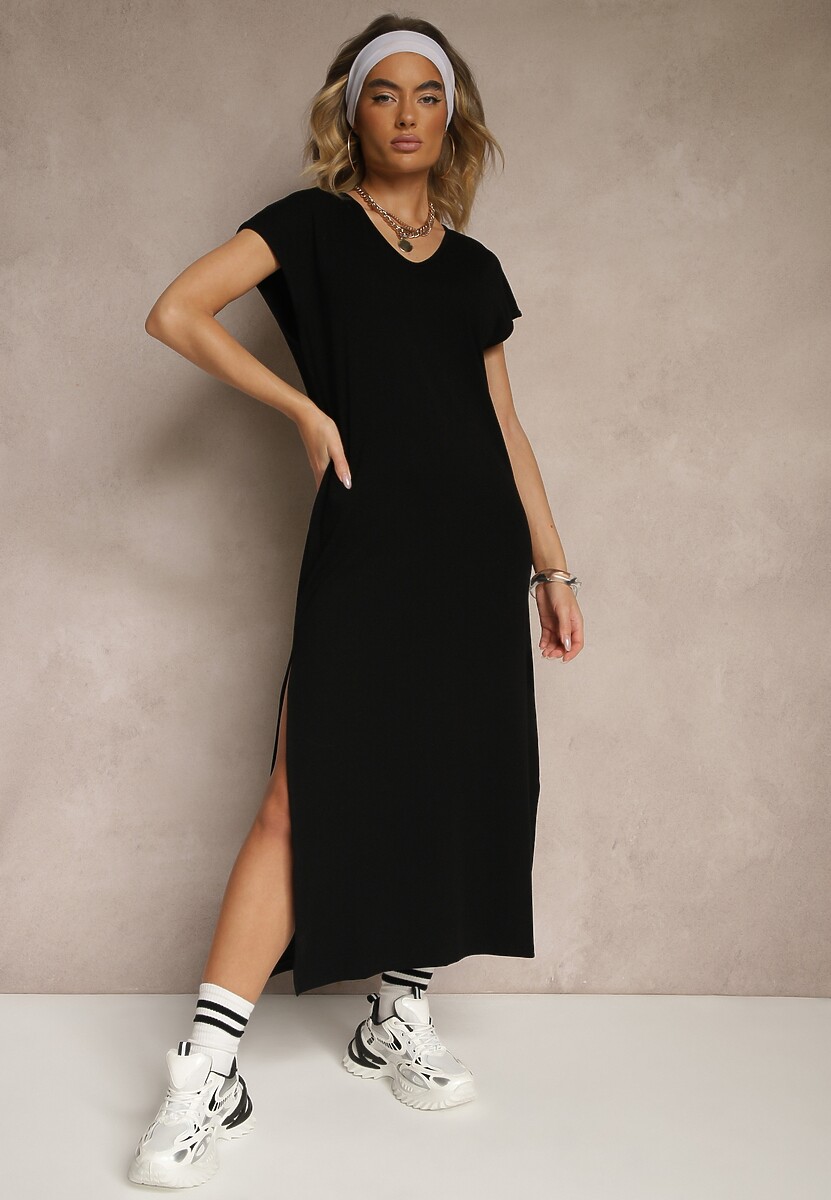 Czarna Sukienka z Bawełny o Pudełkowym Kroju i Dekolcie w V i Rozcięciami Natindra