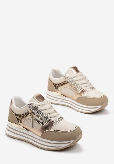 Ciemnobeżowe Brokatowe Sneakersy na Grubej Podeszwie ze Sznurowaniem i Suwakiem Irollia