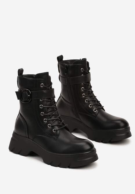 Czarne Botki w Stylu Workerów na Grubej Podeszwie Berimona
