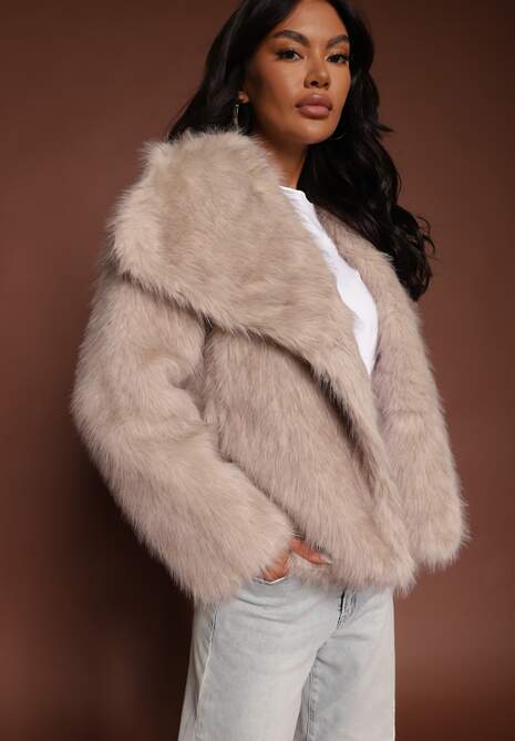 Beżowa Kurtka ze Sztucznego Futra Ozdobiona Kołnierzem Meriian