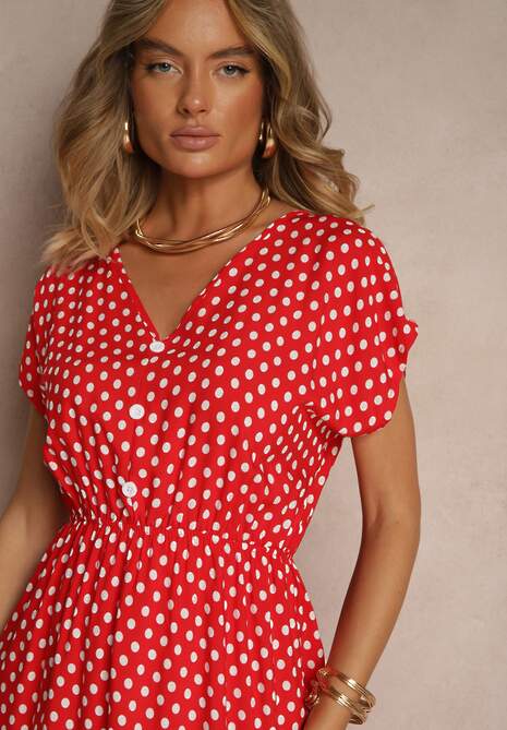 Czerwona Sukienka z Bawełny o Rozkloszowanym Kroju z Gumką w Talii Emilla