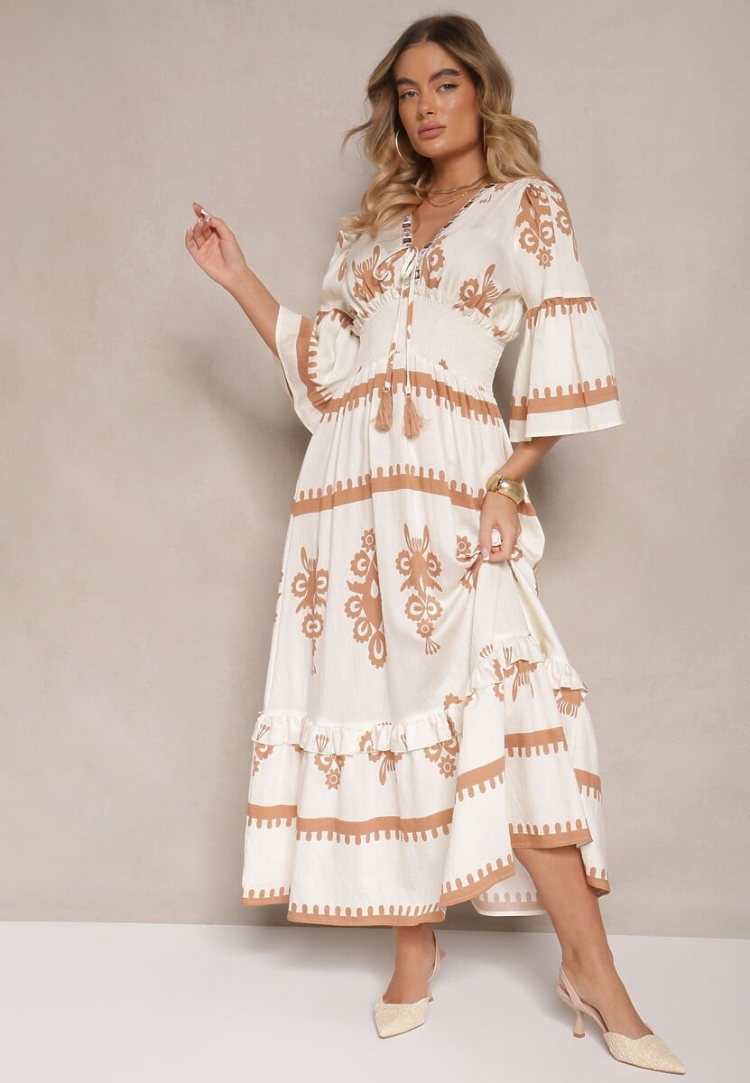 Beżowa Boho Sukienka z Wiskozą z Szeroką Gumką w Talii w Etniczny Wzór Efalios