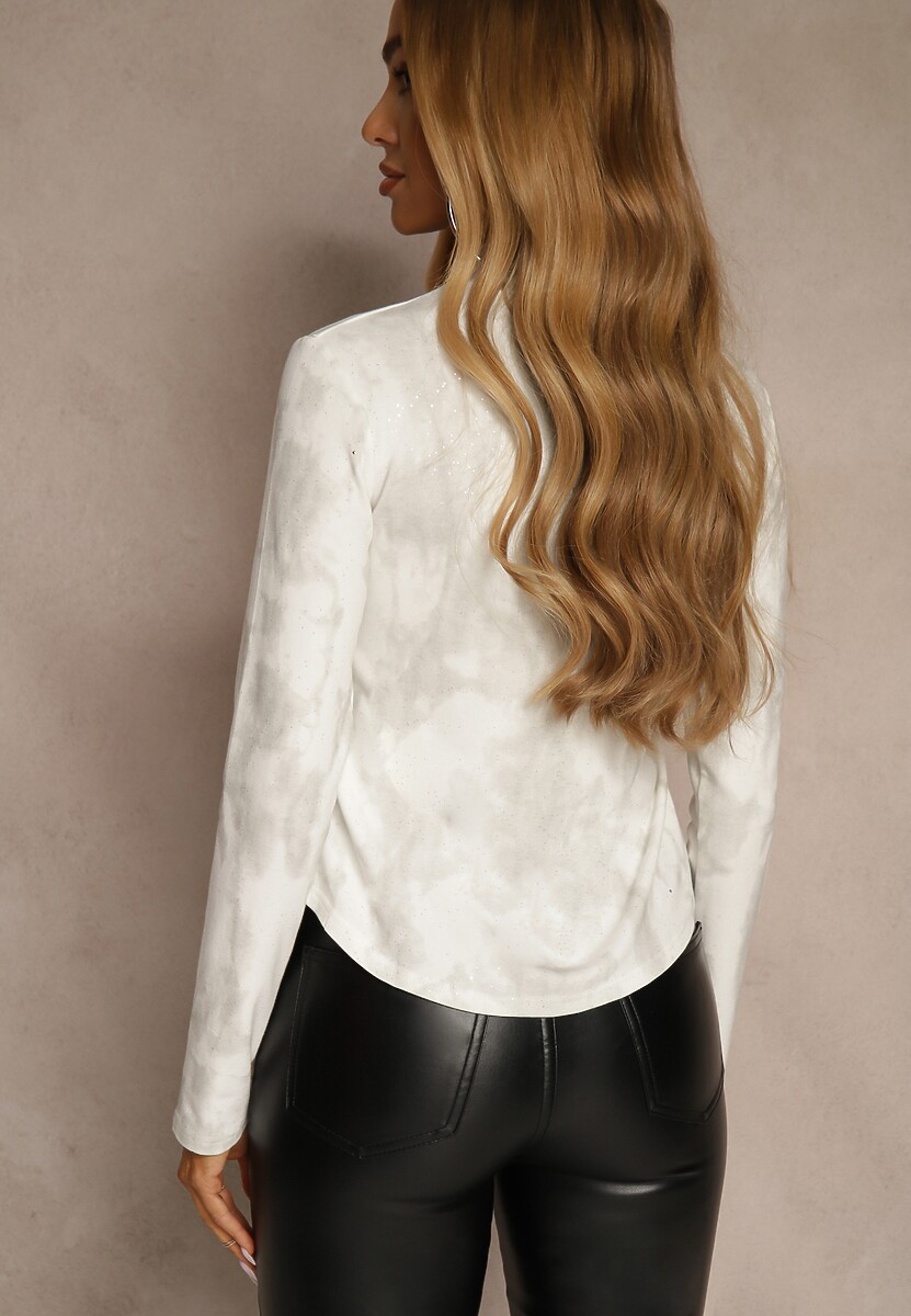 Biała Marszczona Bluzka Longsleeve z Półgolfem Ralinda