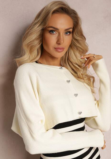 Jasnobeżowy Komplet 2-Częściowy Sukienka w Paski i Kardigan Krótki na Guziki Orivela