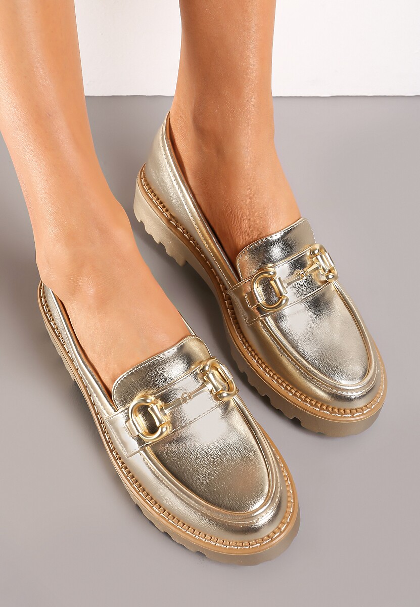 Złote Mokasyny z Imitacji Zamszu i Ozdobną Klamerką Zanita