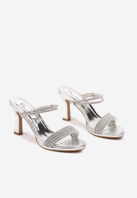 Srebrne Sandały Klapki z Paseczkami Ozdobionymi Cyrkoniami na Szpilce Iseniae