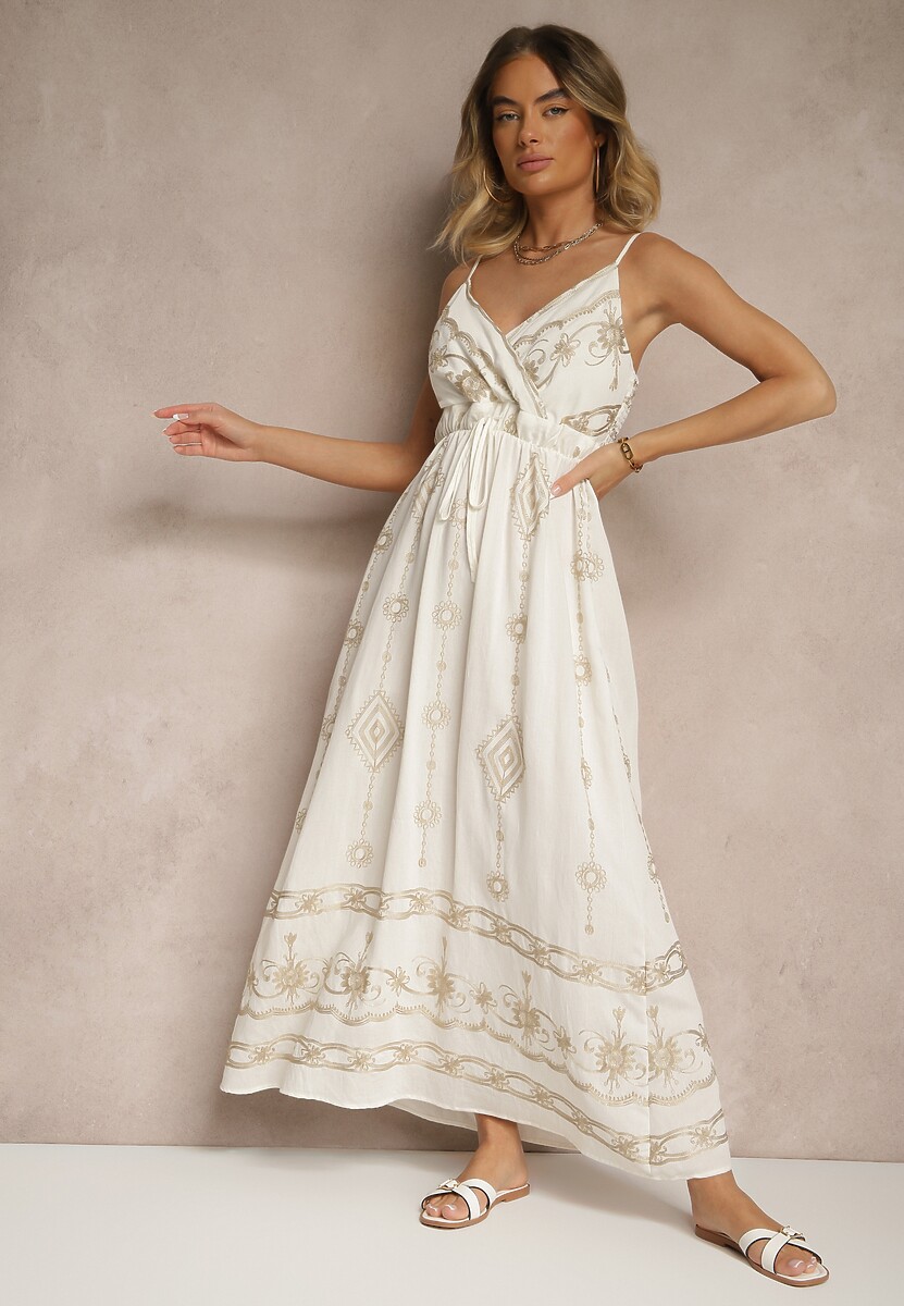 Biała Wiskozowa Sukienka o Rozkloszowanym Kroju na Ramiączkach z Haftem Uloranelia