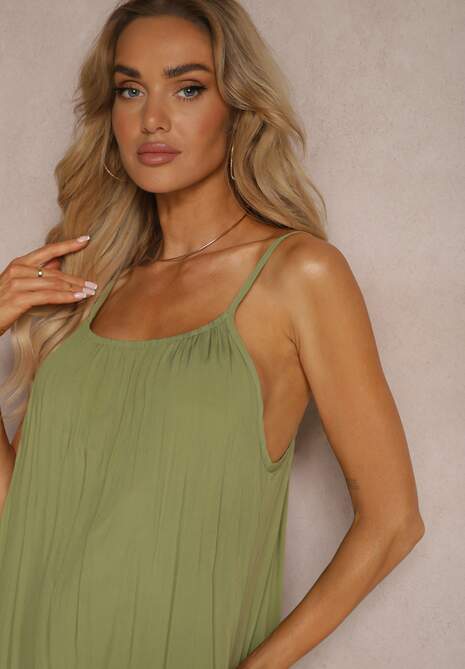 Zielona Casualowa Sukienka z Wiskozy o Prostym Kroju z Ramiączkami z Regulacją Wilantia