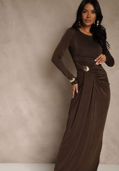 Brązowa Marszczona Sukienka Koktajlowa Zdobiona Aplikacją w Talii Siweda