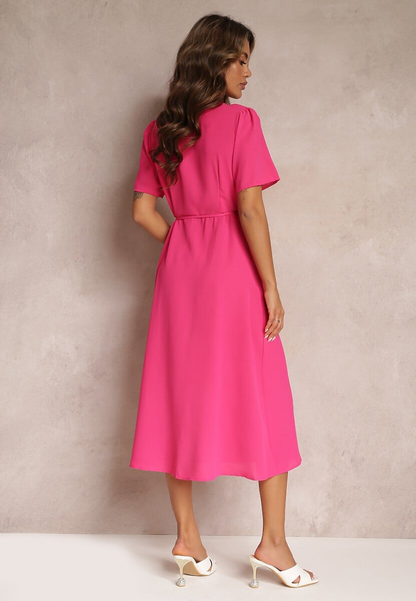 Fuksjowa Sukienka Midi z Kopertowym Dekoltem i Wiązaniem w Pasie Elisanu