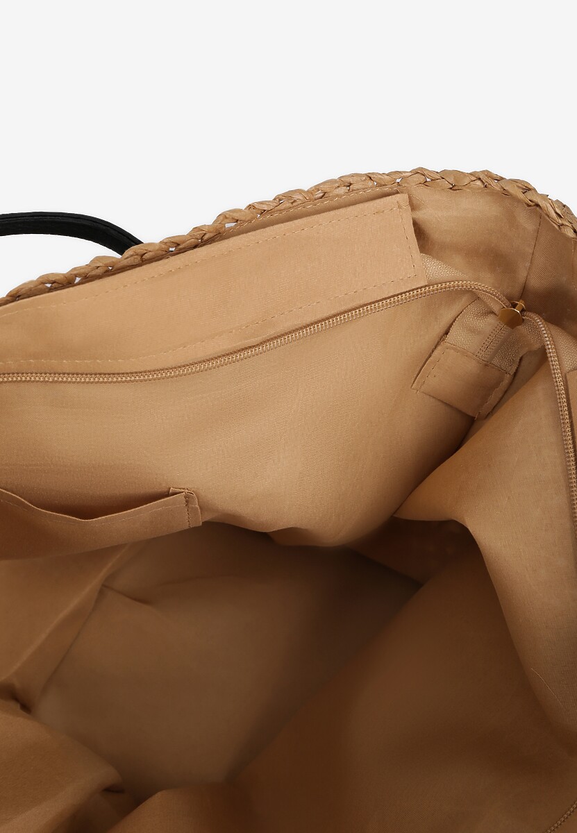 Beżowo-Czarna Torebka z Plecionki z Dodatkową Kieszonką z Ekoskóry Cosina