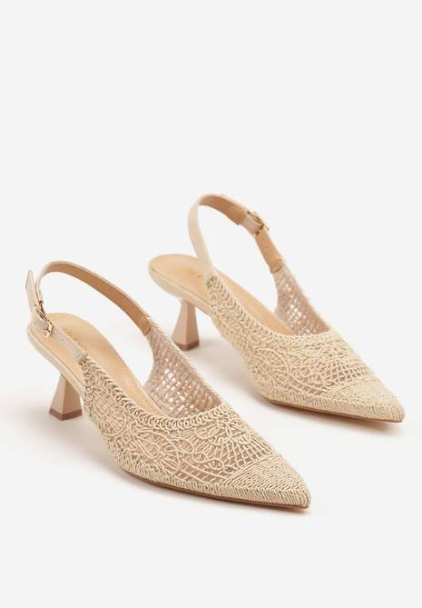 Beżowe Haftowane Sandały Vices na Szpilce Typu Slingback Atesia