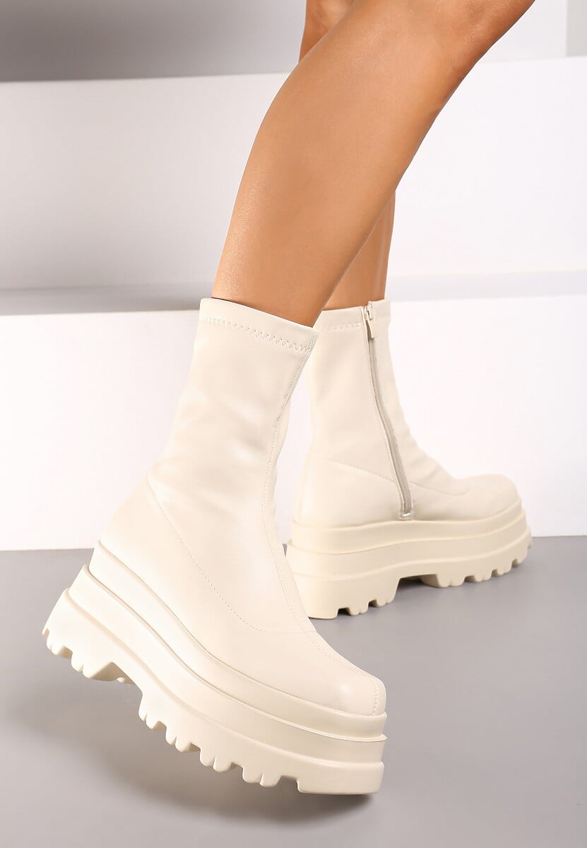 Beżowe Botki Workery na Platformie na Suwak z Dopasowaną Cholewką Driefra