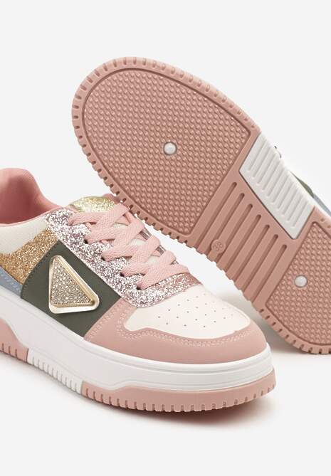 Różowo-Zielone Sneakersy z Perforacją Cyrkoniami i Brokatem Tillidara