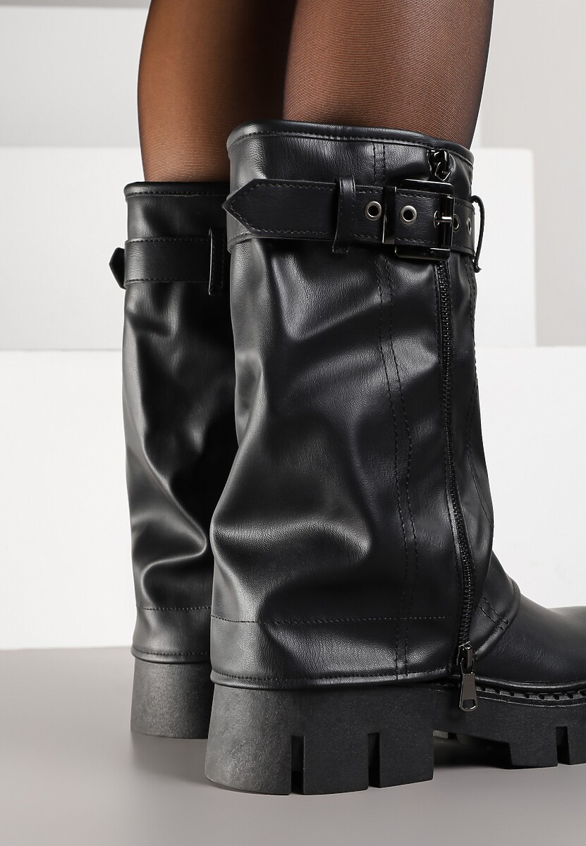 Czarne Botki Biker Boots z Cholewką Imitującą Nogawkę z Klamerką Veresta