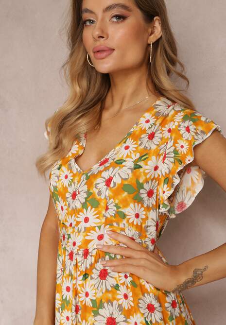 Żółta Taliowana Sukienka Mini w Kwiaty z Gumką w Talii Teziovi