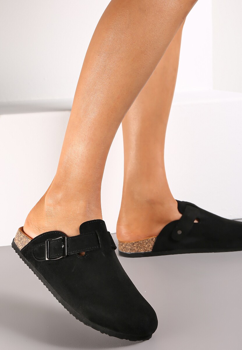 Ciemnozielone Klapki na Płaskiej Podeszwie z Korka z Klamerką i Okrągłym Noskiem Shamsa